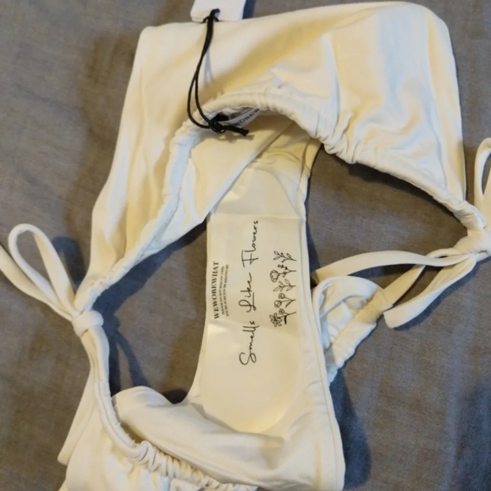 WeWoreWhat Ruched Underwire Bikini Top Side Tie High Leg Bottom Pearl White